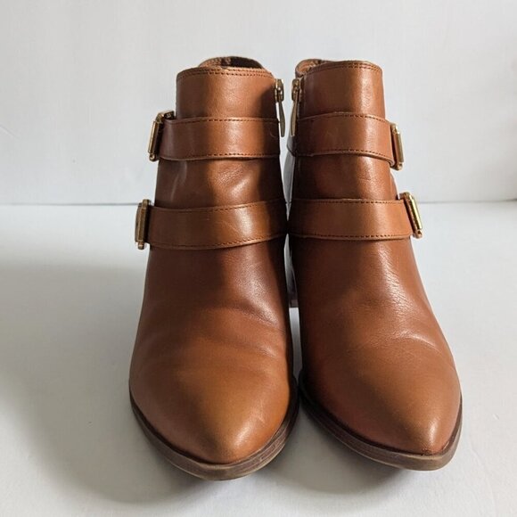 Franco Sarto Tan Camel Leather Double Gold Buckle Stacked Heel Booties - Picture 2 of 7